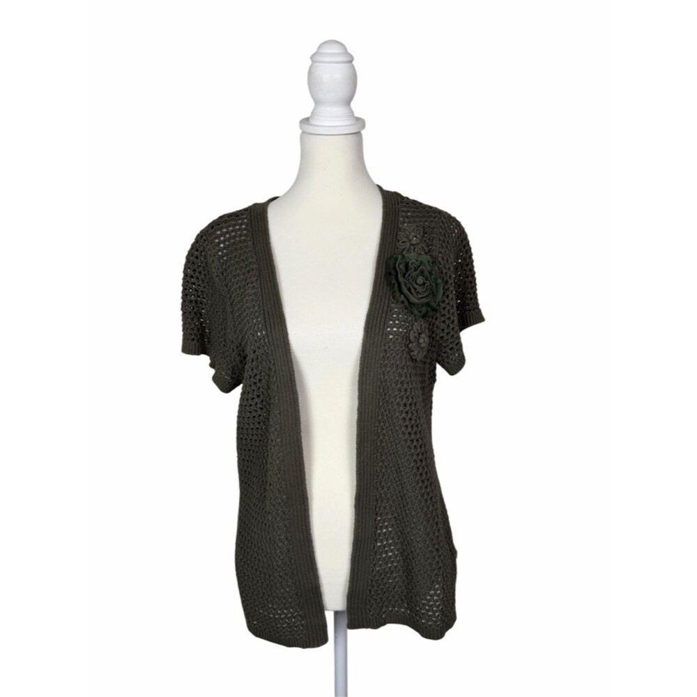 Olive Green Crochet Cardigan Boho Open Knit Sweater Floral Applique Lightweight